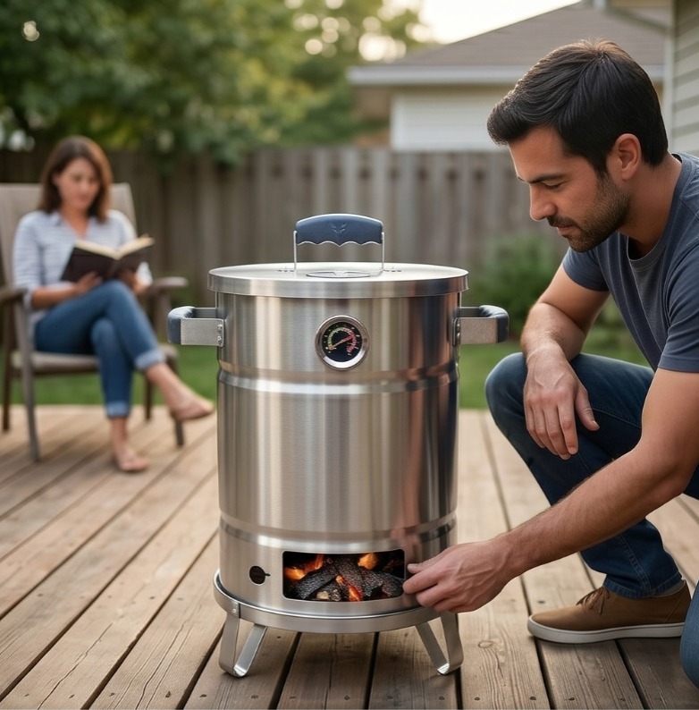 Hombre poniéndole carbon al barril para lograr el sabor a la brasa